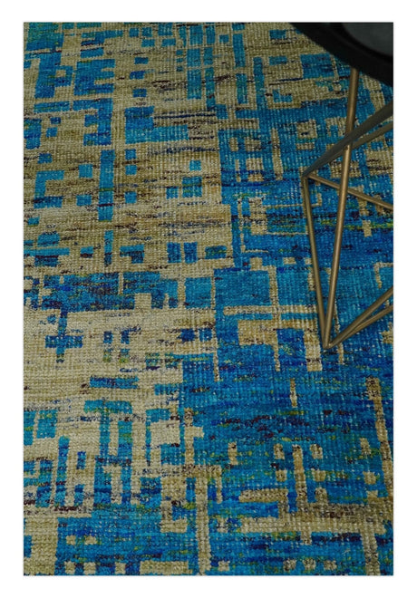 5x8 Hand Knotted Beige and Blue Modern Abstract Recycled Silk Area Rug