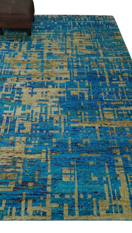 5x8 Hand Knotted Beige and Blue Modern Abstract Recycled Silk Area Rug