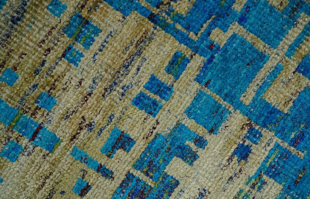 5x8 Hand Knotted Beige and Blue Modern Abstract Recycled Silk Area Rug