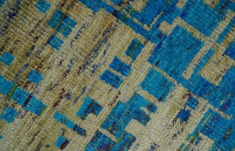 5x8 Hand Knotted Beige and Blue Modern Abstract Recycled Silk Area Rug