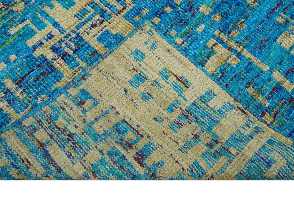 5x8 Hand Knotted Beige and Blue Modern Abstract Recycled Silk Area Rug
