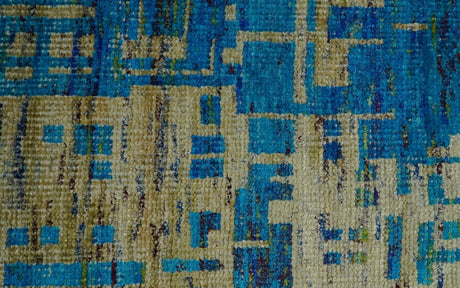 5x8 Hand Knotted Beige and Blue Modern Abstract Recycled Silk Area Rug