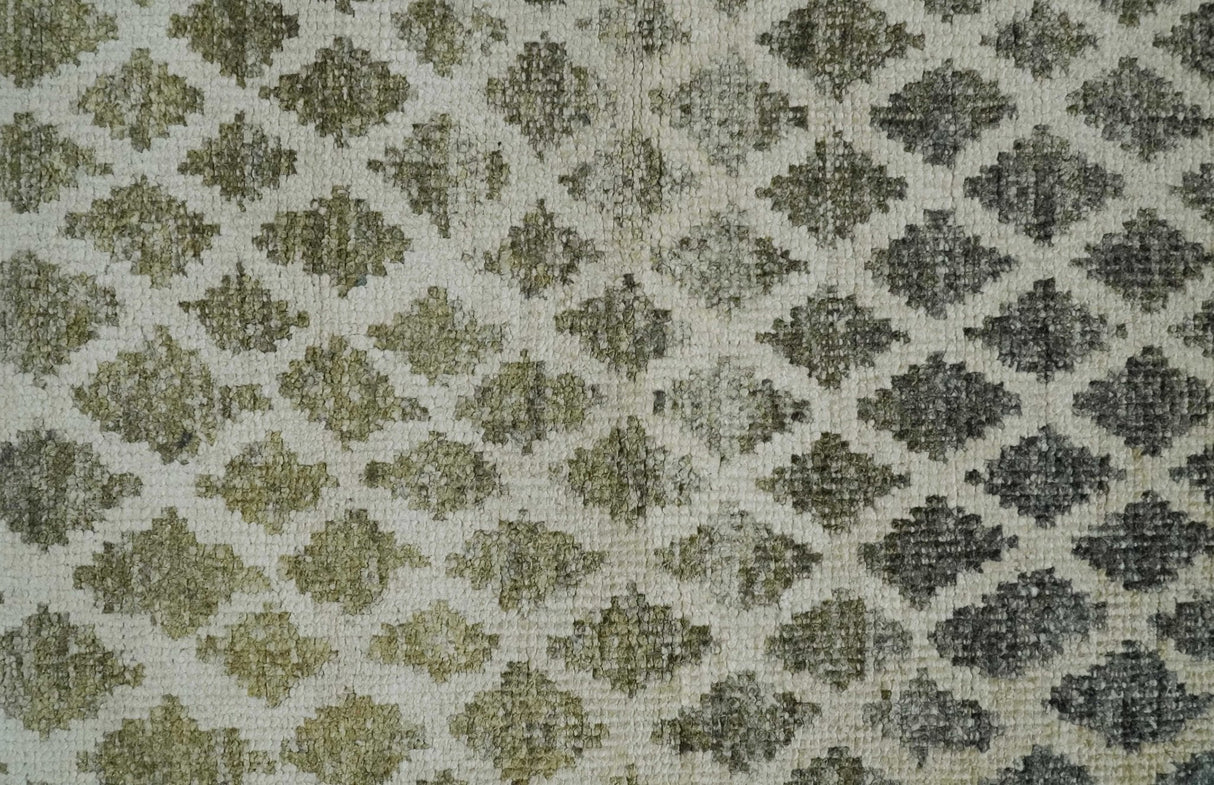 5x8 Hand Knotted Beige, Charcoal and Olive Modern Geometric Recycled Silk Area Rug