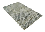 5x8 Hand Knotted Beige, Charcoal and Olive Modern Geometric Recycled Silk Area Rug