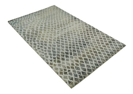 5x8 Hand Knotted Beige, Charcoal and Olive Modern Geometric Recycled Silk Area Rug