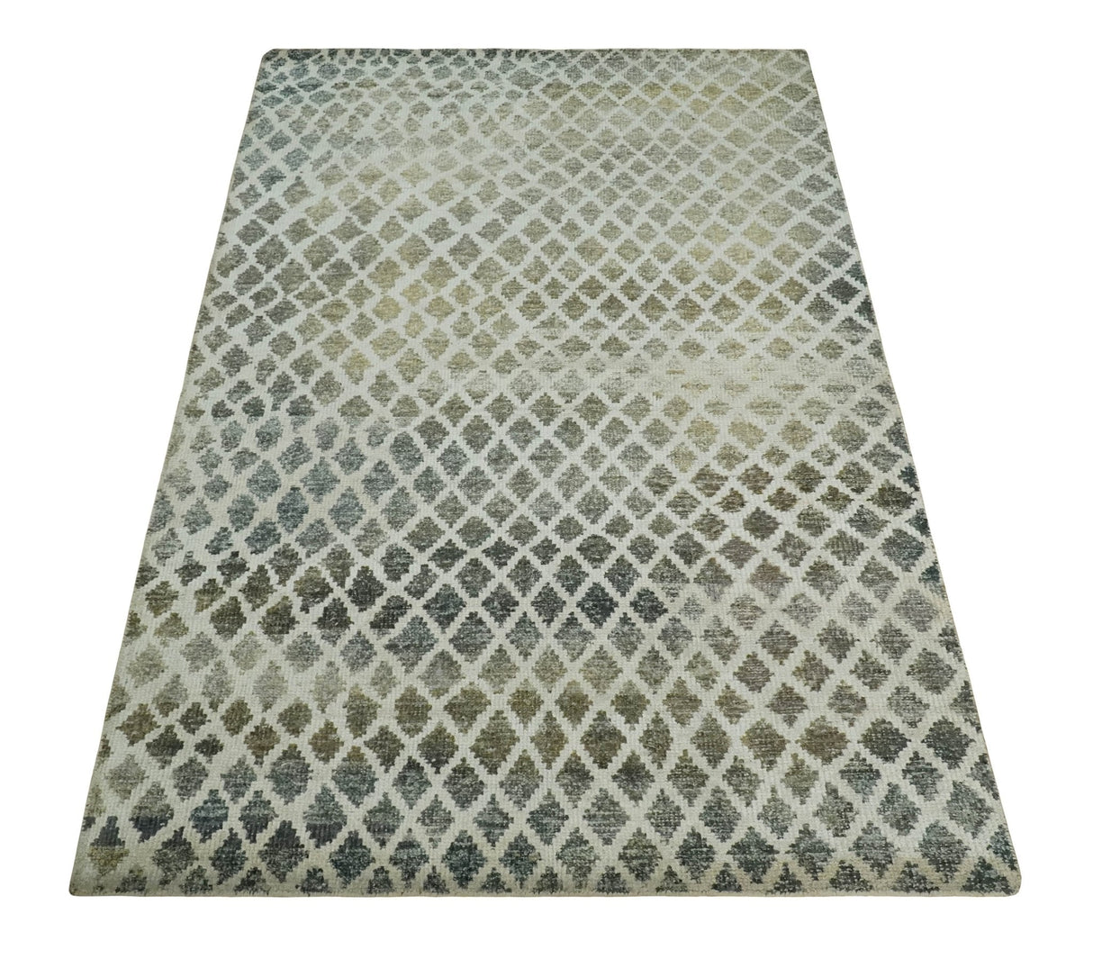 5x8 Hand Knotted Beige, Charcoal and Olive Modern Geometric Recycled Silk Area Rug