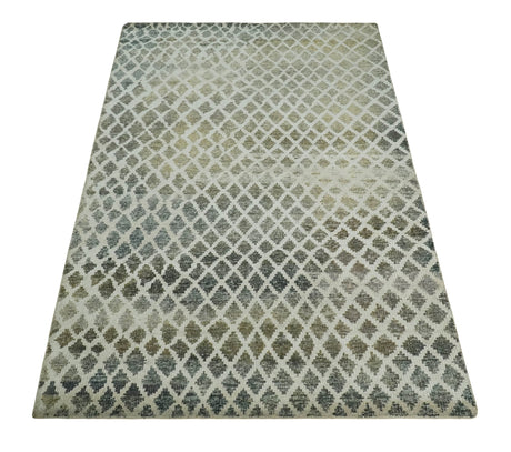 5x8 Hand Knotted Beige, Charcoal and Olive Modern Geometric Recycled Silk Area Rug