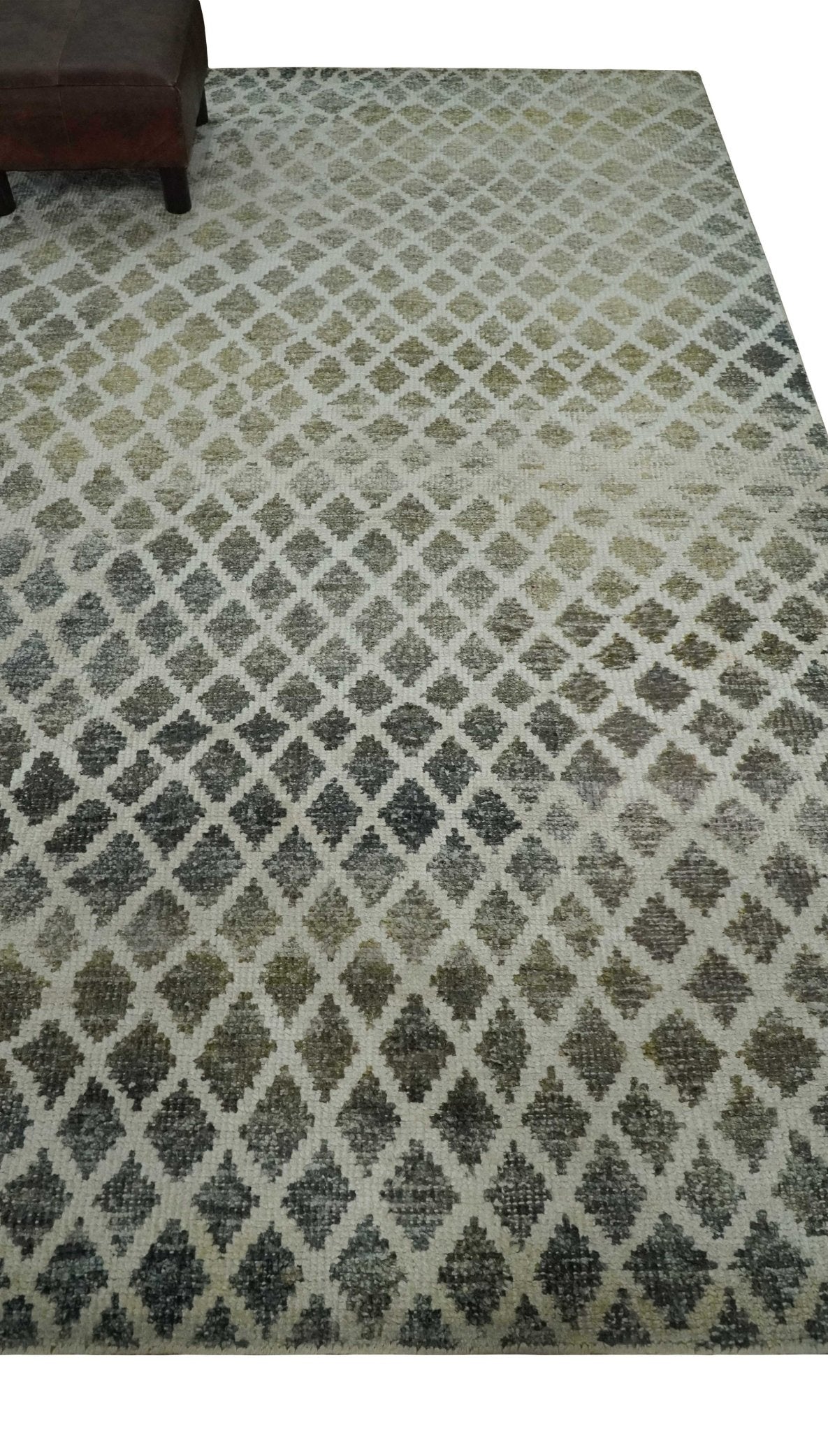 5x8 Hand Knotted Beige, Charcoal and Olive Modern Geometric Recycled Silk Area Rug