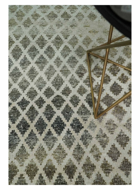 5x8 Hand Knotted Beige, Charcoal and Olive Modern Geometric Recycled Silk Area Rug