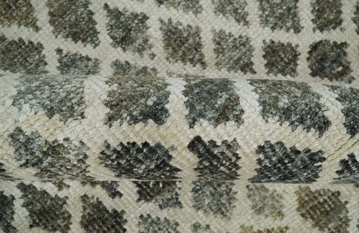 5x8 Hand Knotted Beige, Charcoal and Olive Modern Geometric Recycled Silk Area Rug