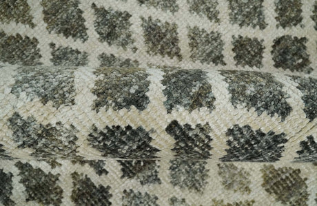 5x8 Hand Knotted Beige, Charcoal and Olive Modern Geometric Recycled Silk Area Rug