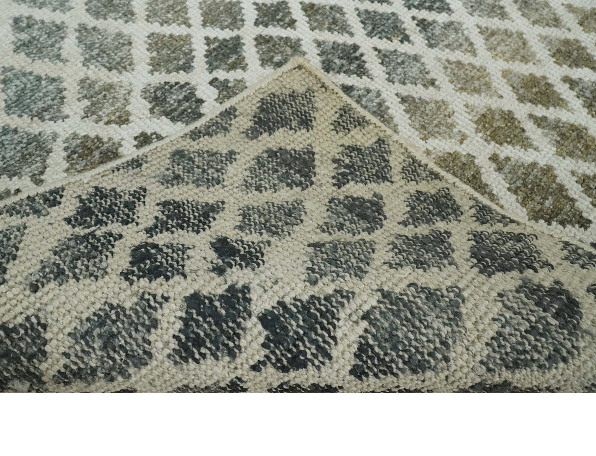 5x8 Hand Knotted Beige, Charcoal and Olive Modern Geometric Recycled Silk Area Rug