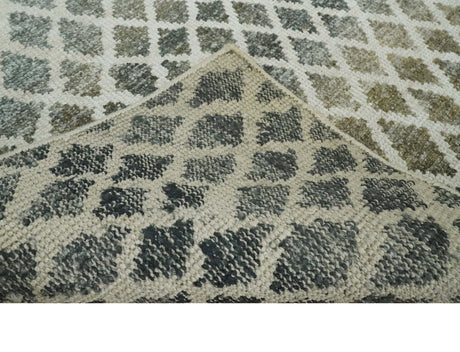 5x8 Hand Knotted Beige, Charcoal and Olive Modern Geometric Recycled Silk Area Rug