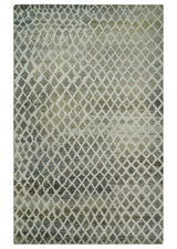 5x8 Hand Knotted Beige, Charcoal and Olive Modern Geometric Recycled Silk Area Rug