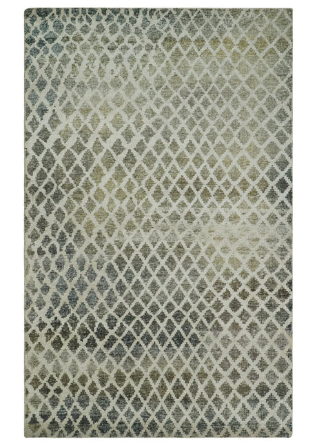 5x8 Hand Knotted Beige, Charcoal and Olive Modern Geometric Recycled Silk Area Rug