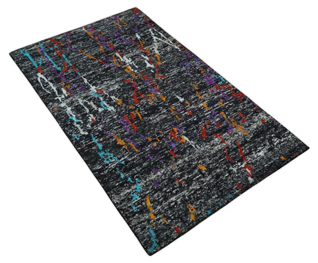 5x8 Hand Knotted Black and Rust Modern Abstract Recycled Silk Area Rug