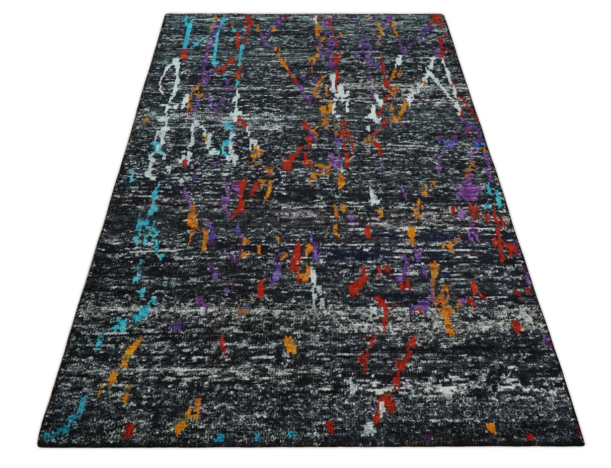5x8 Hand Knotted Black and Rust Modern Abstract Recycled Silk Area Rug