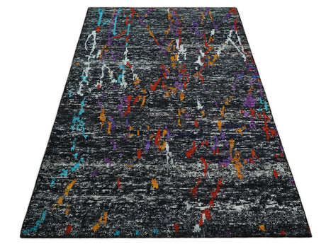 5x8 Hand Knotted Black and Rust Modern Abstract Recycled Silk Area Rug
