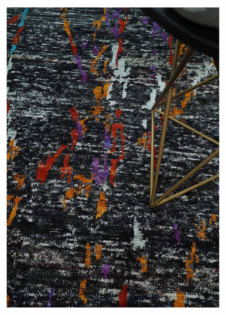 5x8 Hand Knotted Black and Rust Modern Abstract Recycled Silk Area Rug