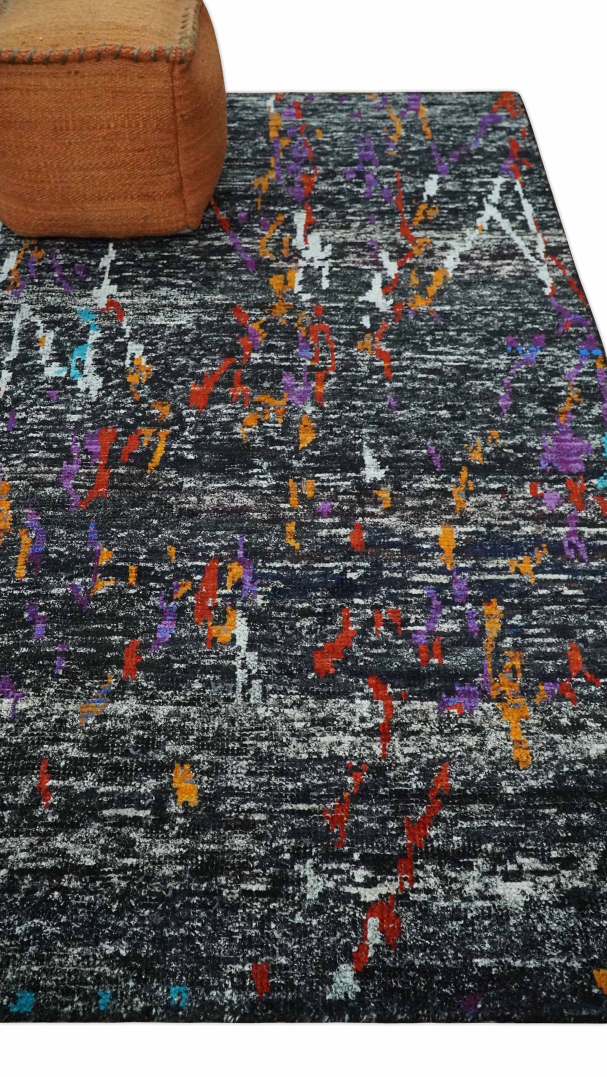 5x8 Hand Knotted Black and Rust Modern Abstract Recycled Silk Area Rug