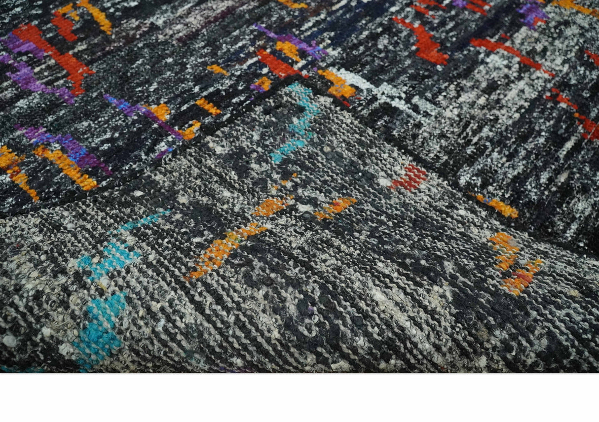 5x8 Hand Knotted Black and Rust Modern Abstract Recycled Silk Area Rug