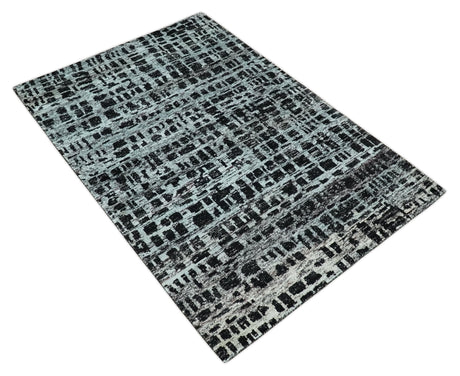 5x8 Hand Knotted Black and Silver Modern Abstract Recycled Silk Area Rug