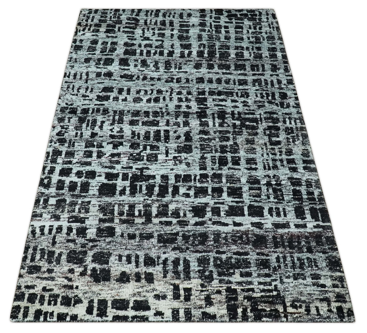 5x8 Hand Knotted Black and Silver Modern Abstract Recycled Silk Area Rug