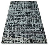 5x8 Hand Knotted Black and Silver Modern Abstract Recycled Silk Area Rug