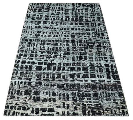 5x8 Hand Knotted Black and Silver Modern Abstract Recycled Silk Area Rug