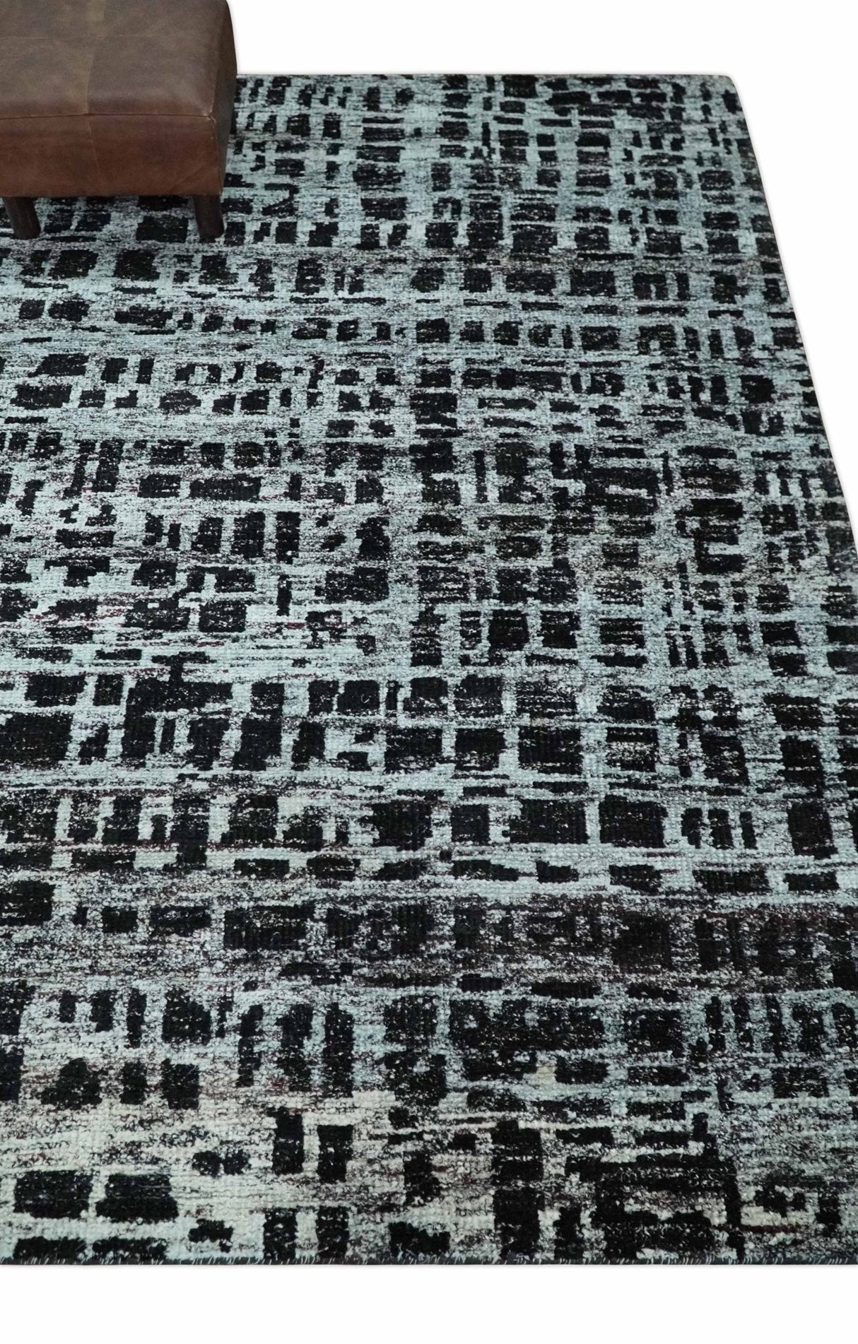 5x8 Hand Knotted Black and Silver Modern Abstract Recycled Silk Area Rug