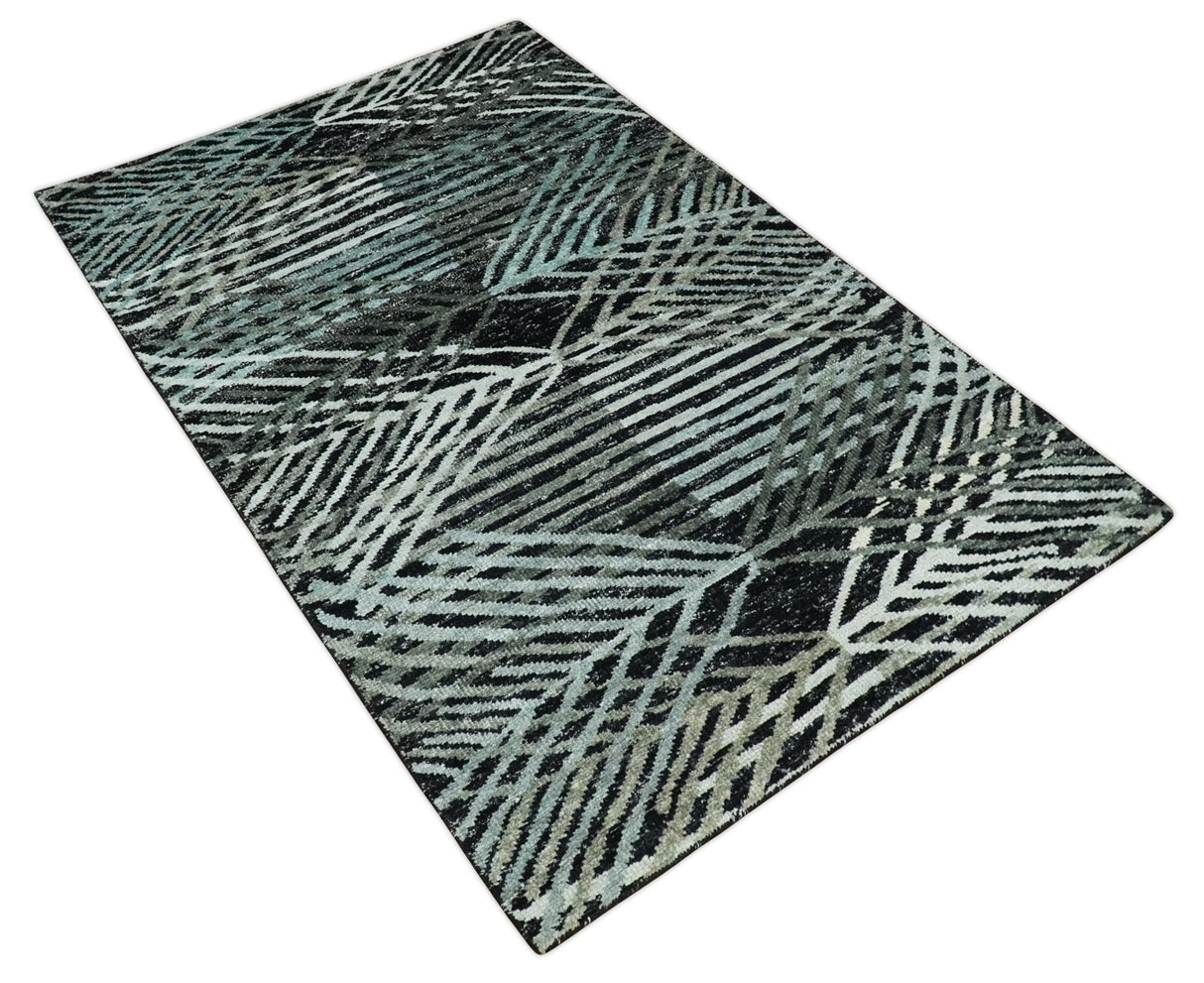 5x8 Hand Knotted Black, Ivory and Teal Modern Contemporary Recycled Silk Area Rug
