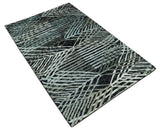 5x8 Hand Knotted Black, Ivory and Teal Modern Contemporary Recycled Silk Area Rug
