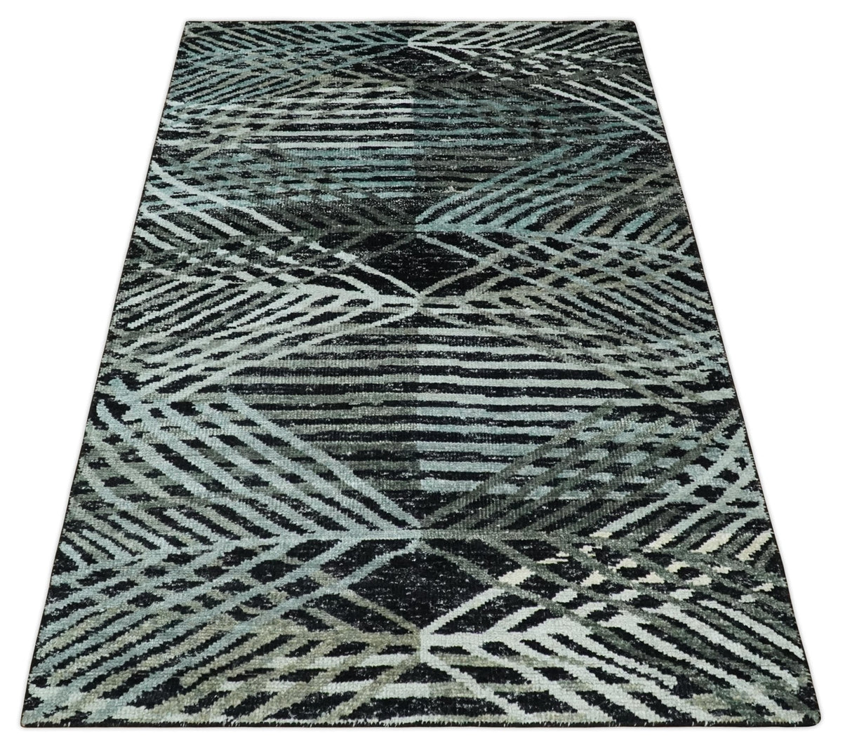 5x8 Hand Knotted Black, Ivory and Teal Modern Contemporary Recycled Silk Area Rug
