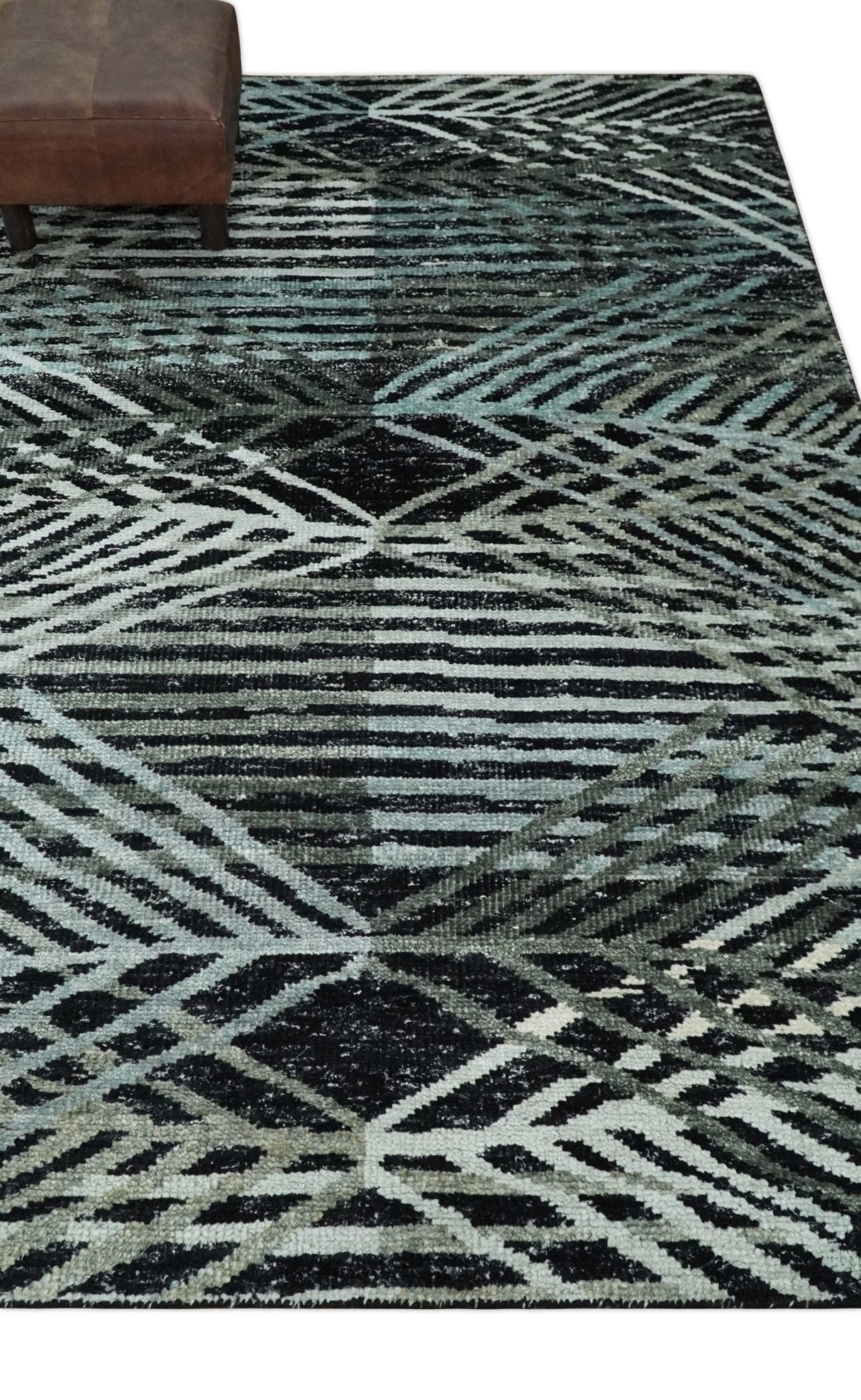 5x8 Hand Knotted Black, Ivory and Teal Modern Contemporary Recycled Silk Area Rug
