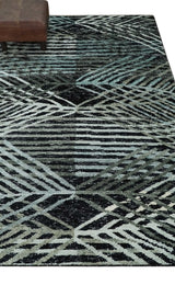 5x8 Hand Knotted Black, Ivory and Teal Modern Contemporary Recycled Silk Area Rug