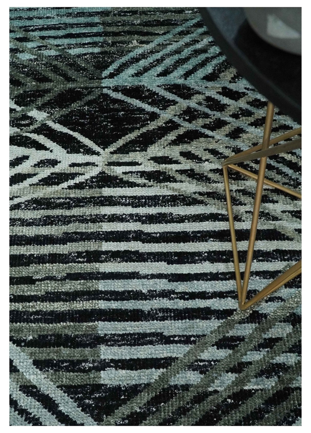 5x8 Hand Knotted Black, Ivory and Teal Modern Contemporary Recycled Silk Area Rug