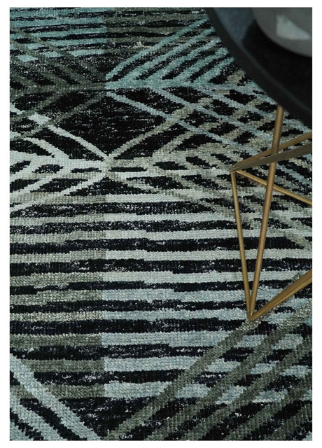 5x8 Hand Knotted Black, Ivory and Teal Modern Contemporary Recycled Silk Area Rug