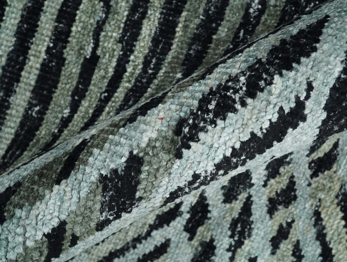 5x8 Hand Knotted Black, Ivory and Teal Modern Contemporary Recycled Silk Area Rug