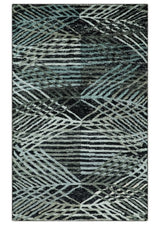5x8 Hand Knotted Black, Ivory and Teal Modern Contemporary Recycled Silk Area Rug