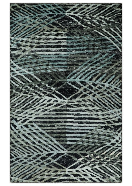 5x8 Hand Knotted Black, Ivory and Teal Modern Contemporary Recycled Silk Area Rug