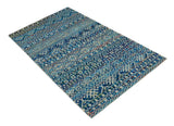 5x8 Hand Knotted Blue and Ivory Modern Contemporary Southwestern Tribal Trellis Recycled Silk Area Rug