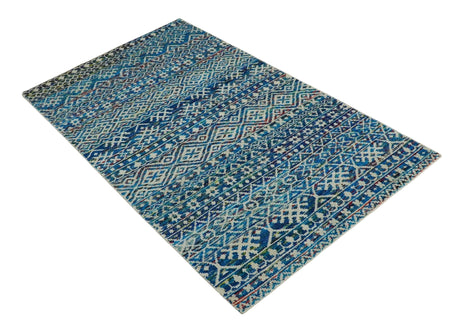 5x8 Hand Knotted Blue and Ivory Modern Contemporary Southwestern Tribal Trellis Recycled Silk Area Rug