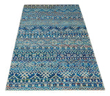 5x8 Hand Knotted Blue and Ivory Modern Contemporary Southwestern Tribal Trellis Recycled Silk Area Rug
