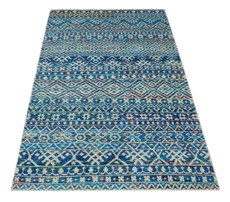5x8 Hand Knotted Blue and Ivory Modern Contemporary Southwestern Tribal Trellis Recycled Silk Area Rug