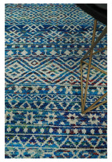 5x8 Hand Knotted Blue and Ivory Modern Contemporary Southwestern Tribal Trellis Recycled Silk Area Rug