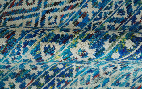 5x8 Hand Knotted Blue and Ivory Modern Contemporary Southwestern Tribal Trellis Recycled Silk Area Rug