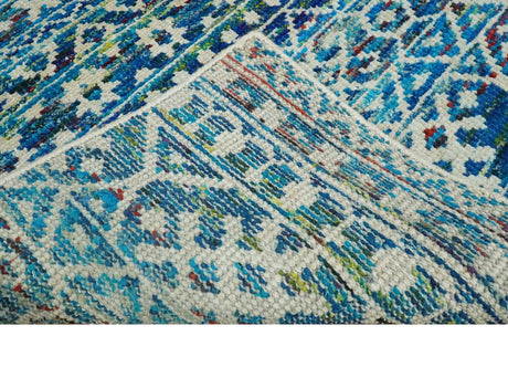 5x8 Hand Knotted Blue and Ivory Modern Contemporary Southwestern Tribal Trellis Recycled Silk Area Rug