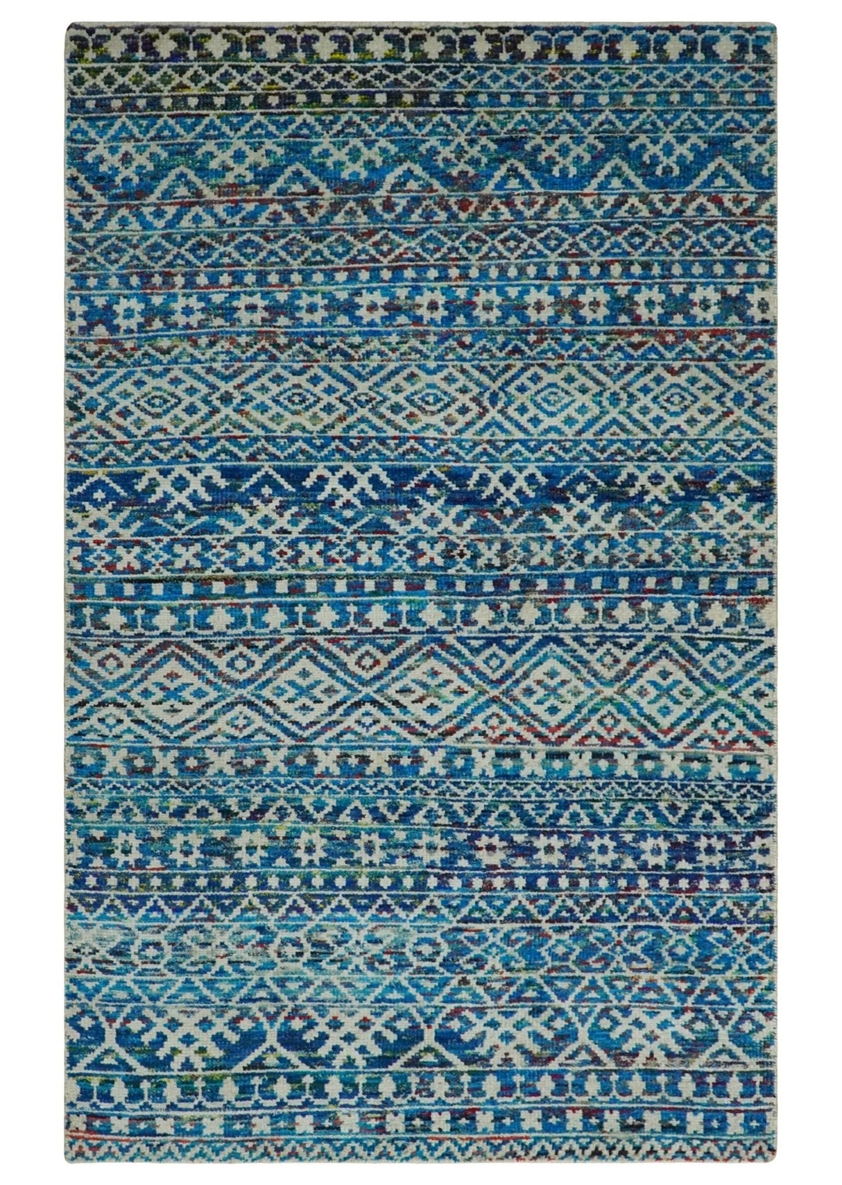 5x8 Hand Knotted Blue and Ivory Modern Contemporary Southwestern Tribal Trellis Recycled Silk Area Rug