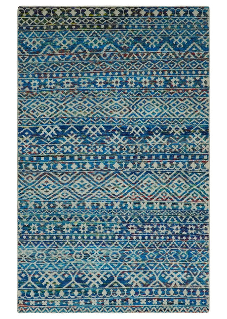 5x8 Hand Knotted Blue and Ivory Modern Contemporary Southwestern Tribal Trellis Recycled Silk Area Rug