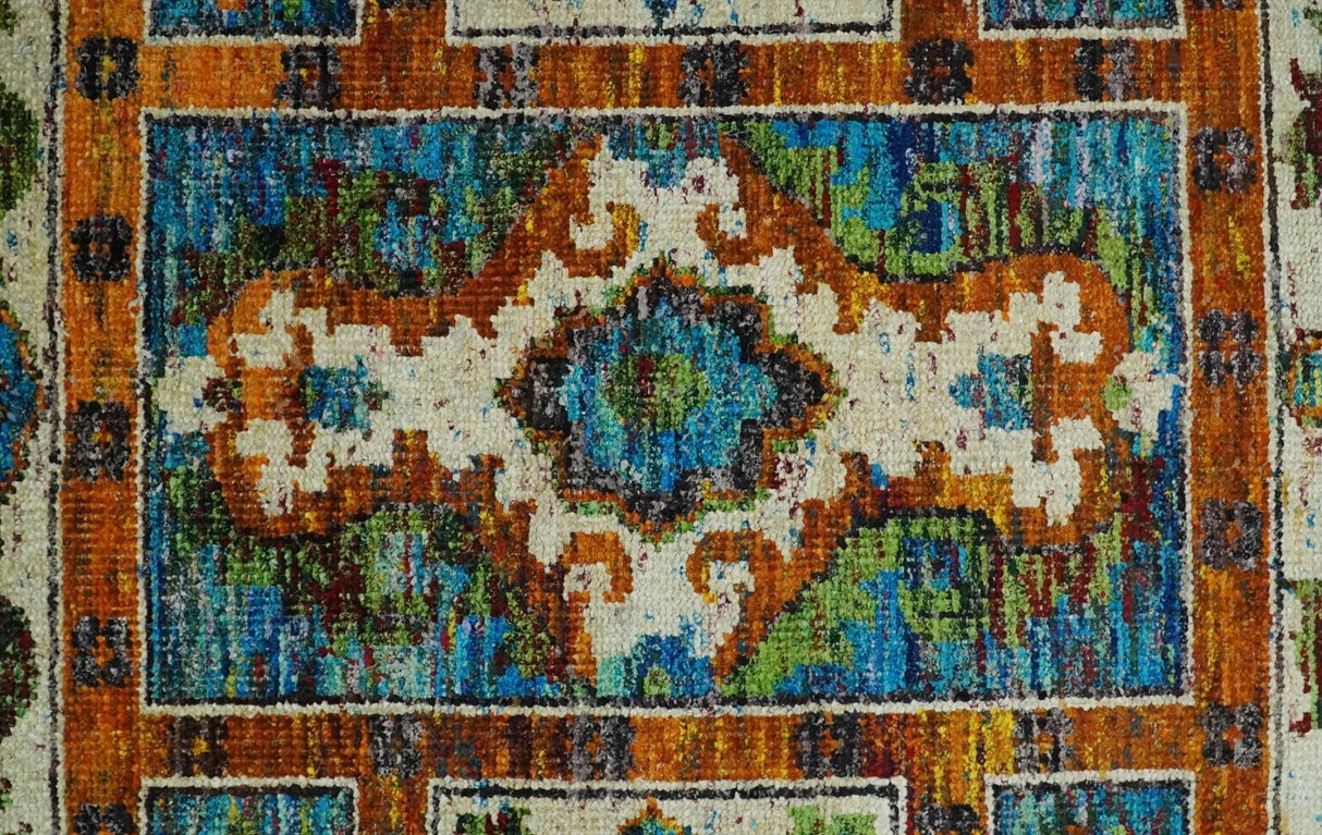 5x8 Hand Knotted Blue, Ivory and Rust Modern Recycled Silk Area Rug